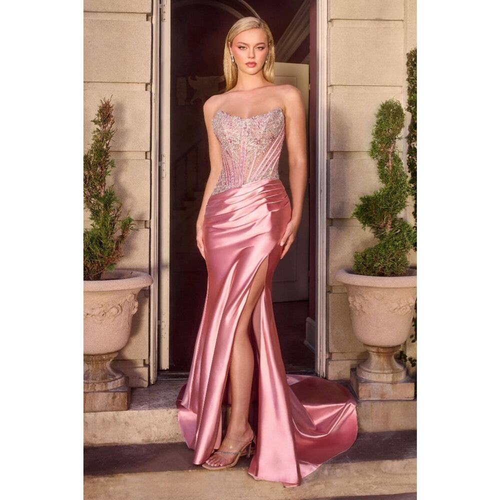 NWT Ladivine Evening Gown Dress Women Size 0 Dusty Rose Beaded Satin Glam CD725